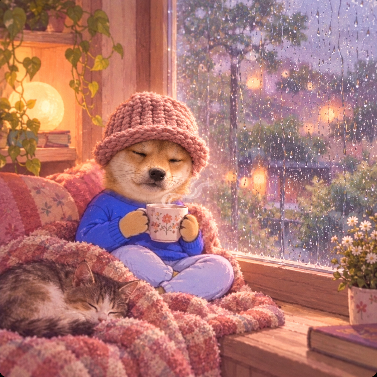 Dog wif zen enjoying tea by a rainy window