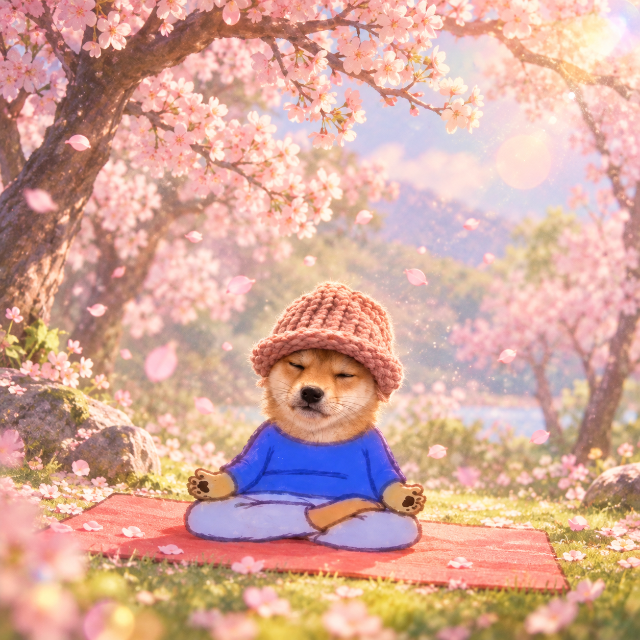 Dog wif zen meditating under pink blossom trees