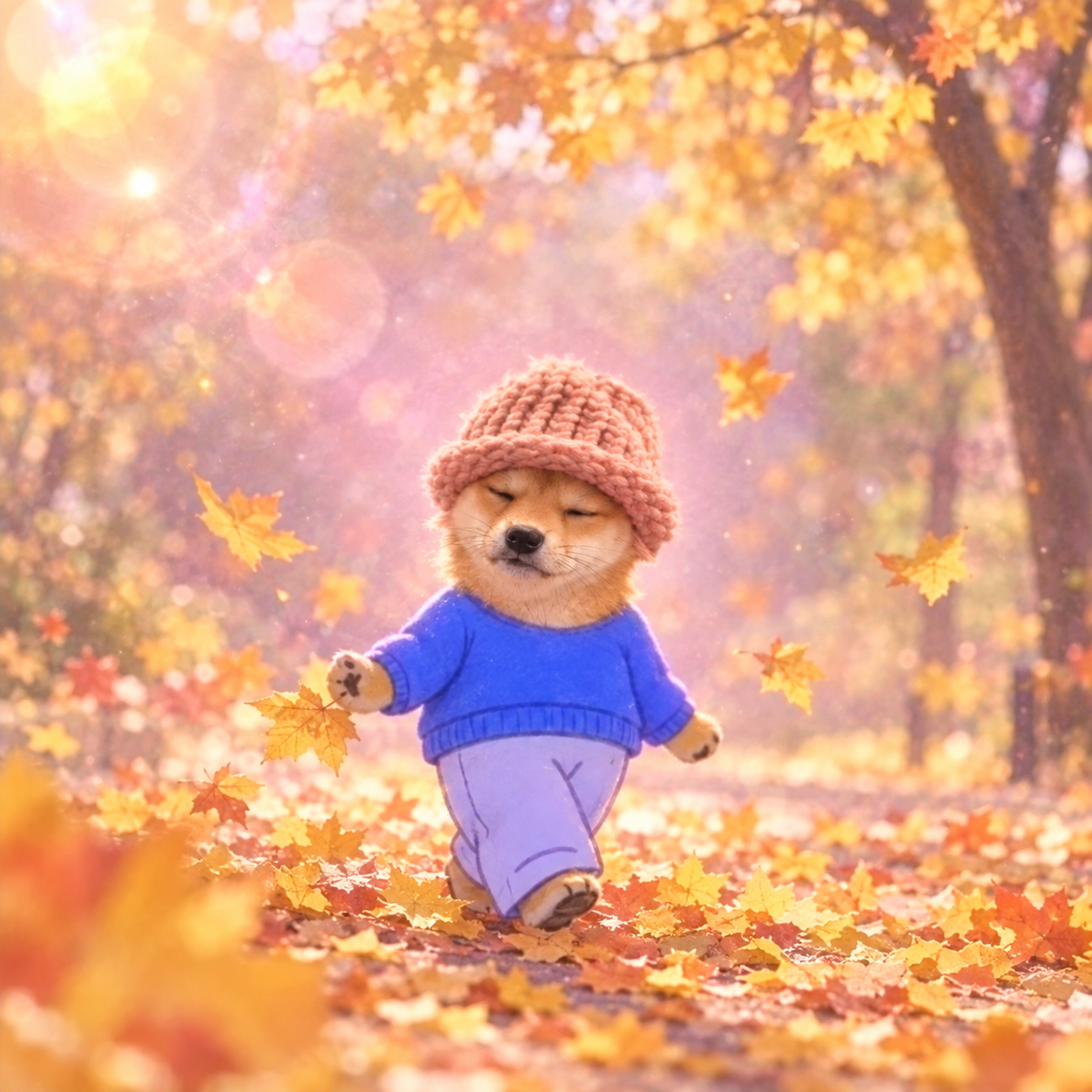 Dog wif zen walking through autumn leaves