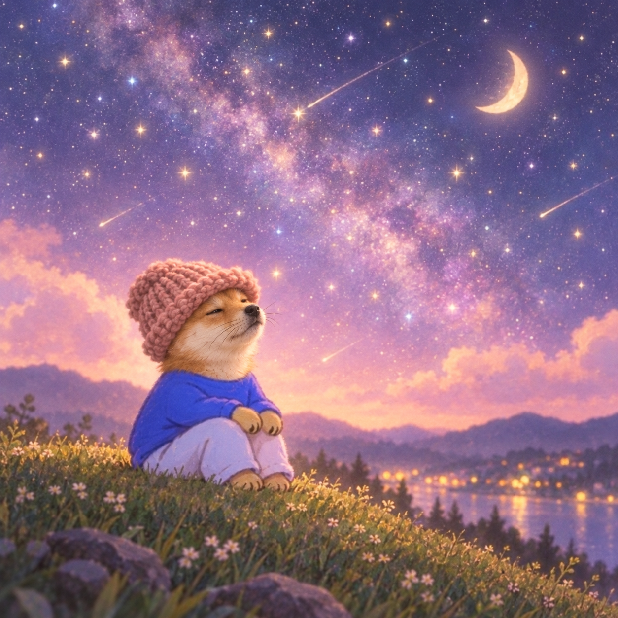 Dog wif zen looking at a starry sky