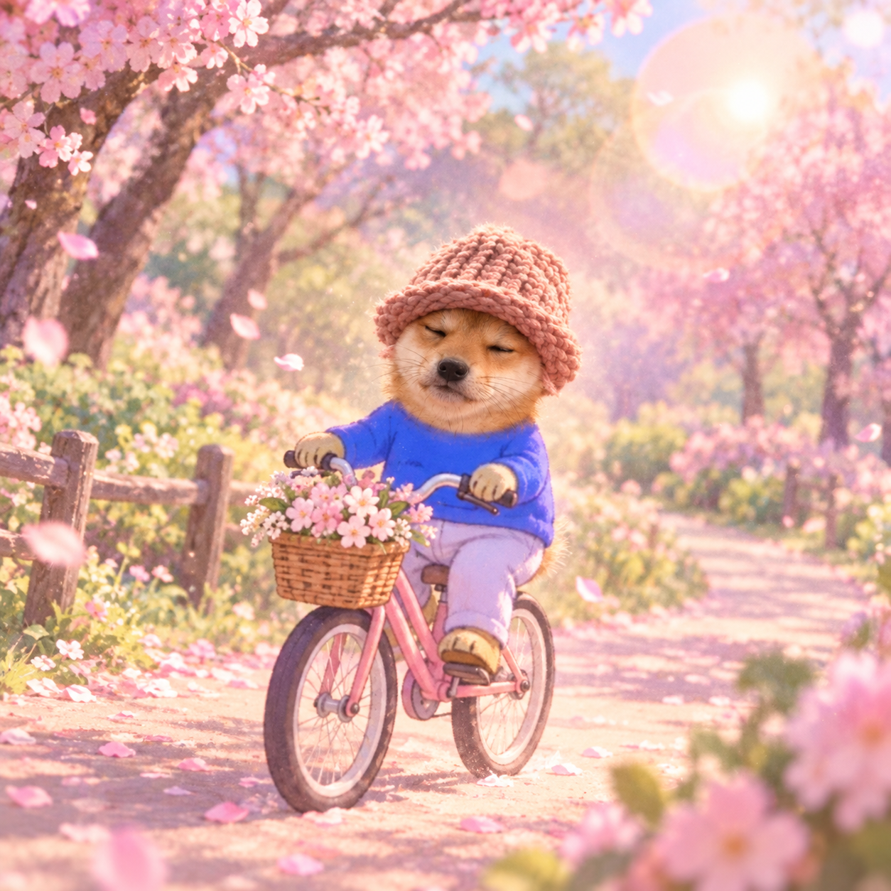 Dog wif zen riding a bicycle in a blossom park